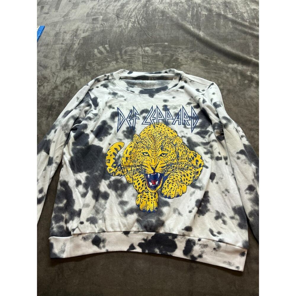 Def Leppard Sweatshirt Long Sleeve‎ Graphic Tie Dye Black White leopard Large